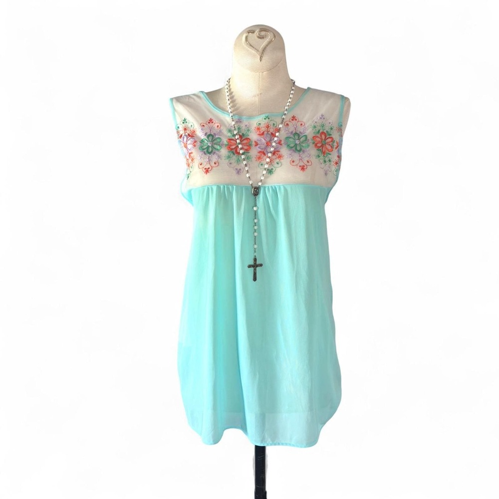 Vintage 60s Mod Babydoll‎ Nightie Pastel Blue Embroidered Floral Mini Slip S